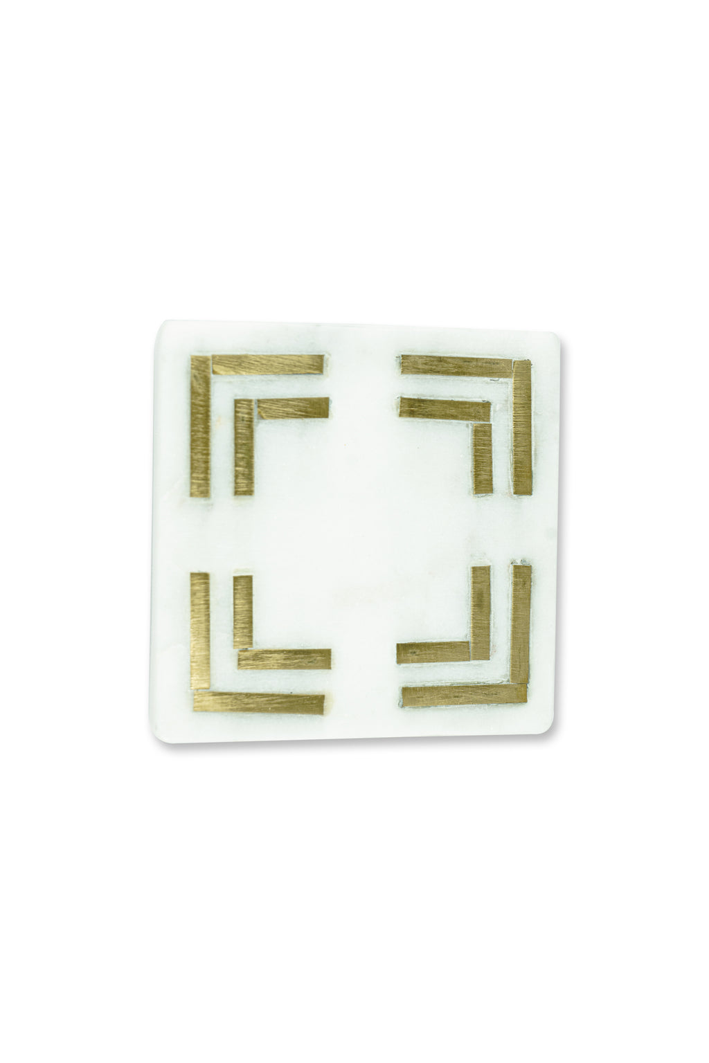 White Marble Square Coaster with Brass Inlay Set of 2