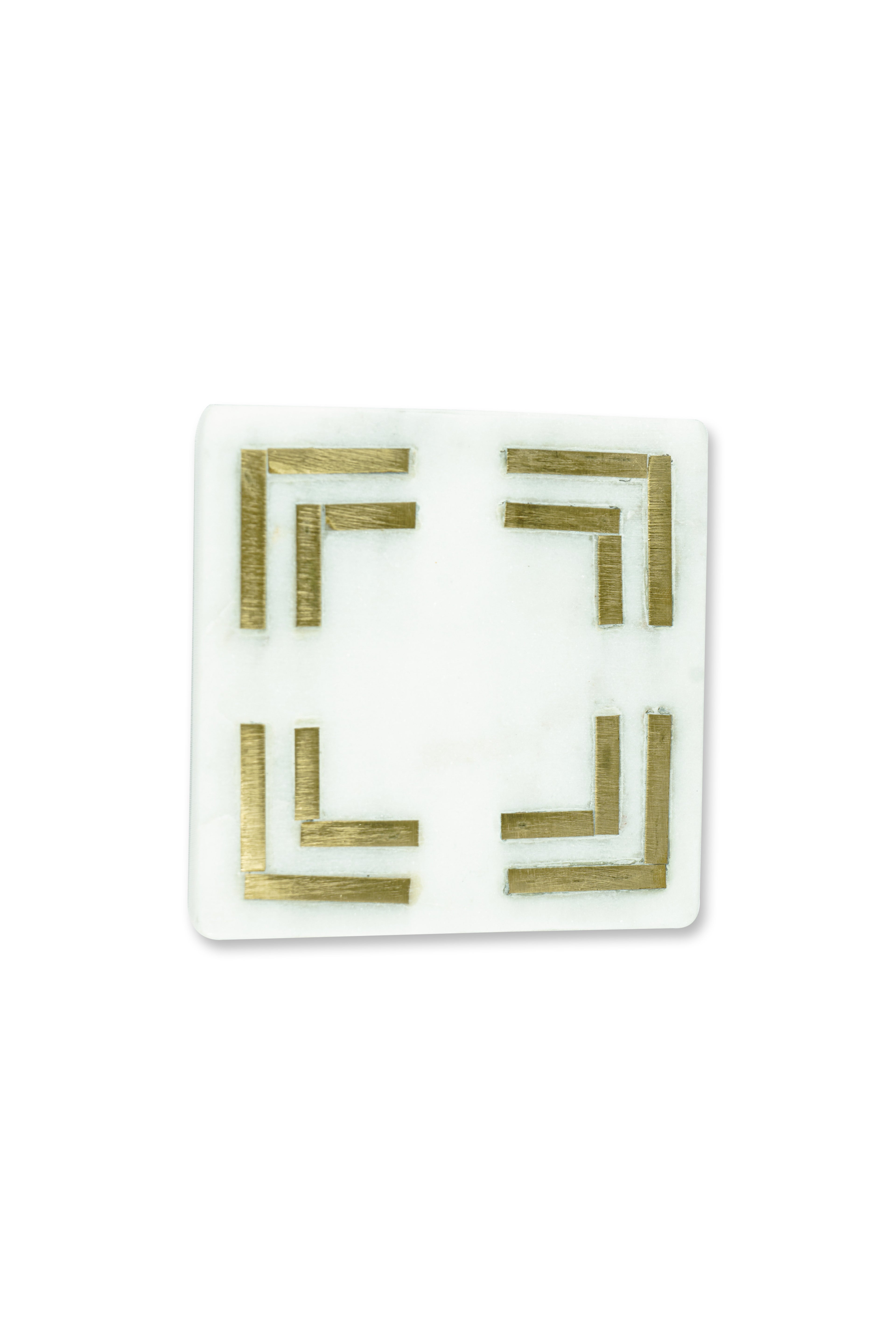 White Marble Square Coaster with Brass Inlay Set of 2