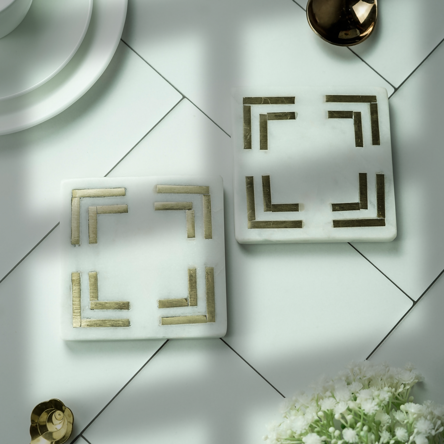 White Marble Square Coaster with Brass Inlay Set of 2