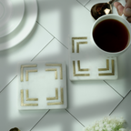 White Marble Square Coaster with Brass Inlay Set of 2
