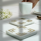White Marble Square Coaster with Brass Inlay Set of 2