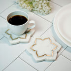 White Marble Floral Coaster with Brass Inlay Set of 2