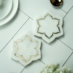 White Marble Floral Coaster with Brass Inlay Set of 2