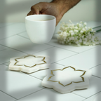 White Marble Floral Coaster with Brass Inlay Set of 2