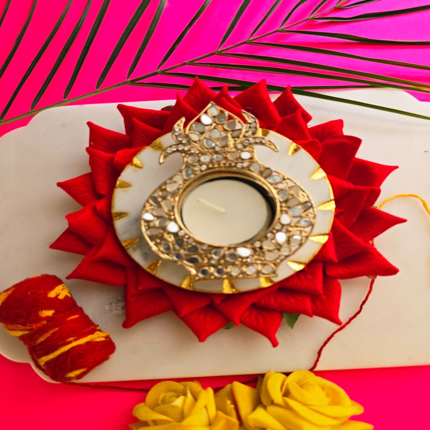 Kalash Shape Metal Diya with White Marble Pooja Platter & Box