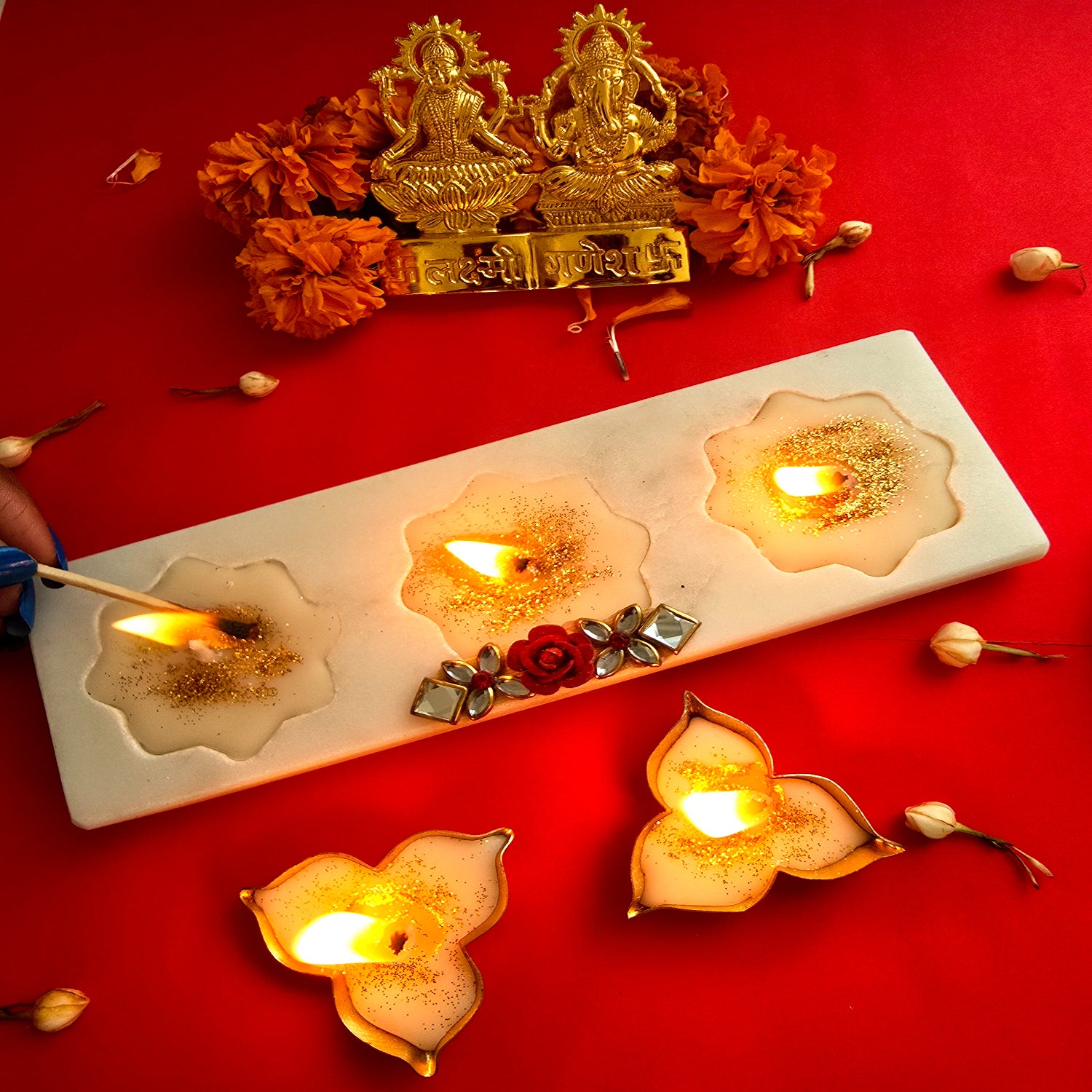 Marble Three Candle Holder With Two Brass Candles