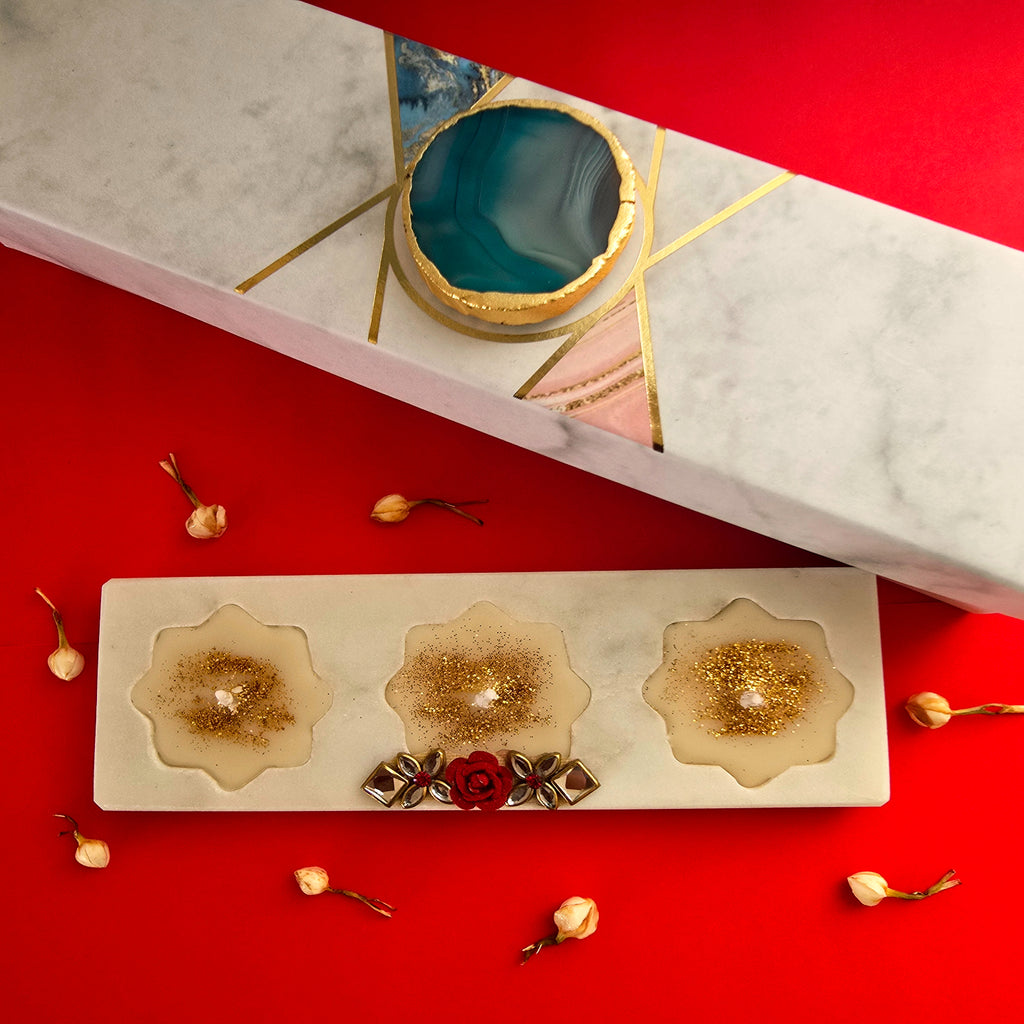 Marble Three Candle Holder With Two Brass Candles