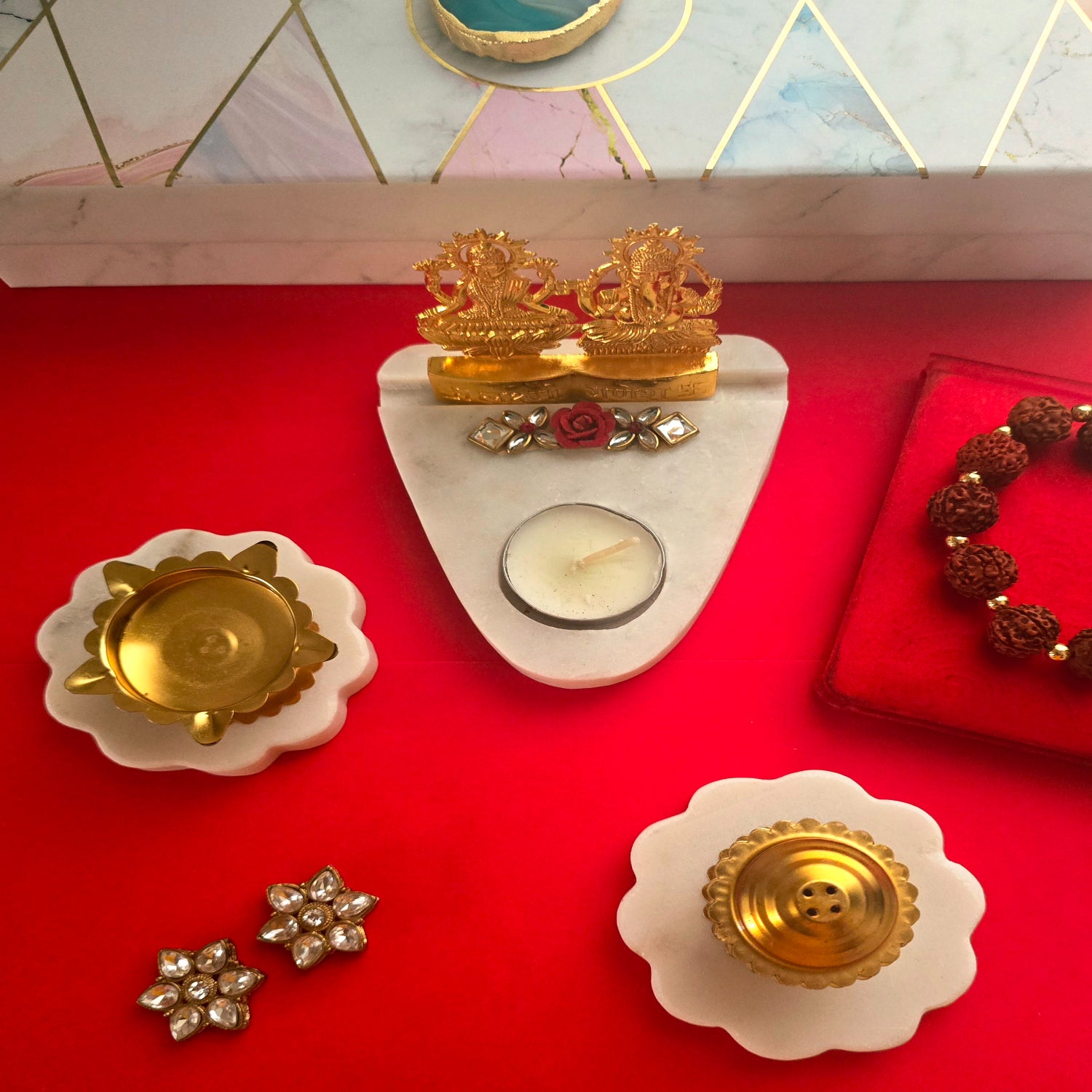 Marble Floral Shape Pooja Set With Laxmi Ganesha Tealight Holder , Brass Diya And Incense Holder