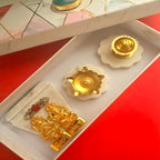 Marble Floral Shape Pooja Set With Laxmi Ganesha Tealight Holder , Brass Diya And Incense Holder