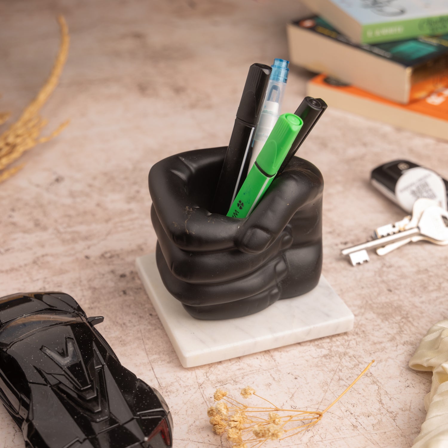 Fist Design Pen Stand with Marble Base