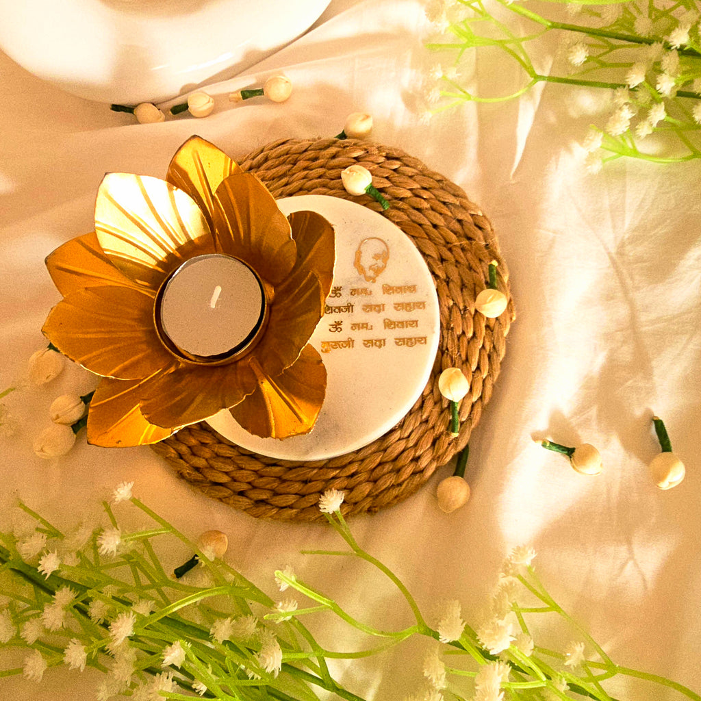 Marble Guruji Mantra Flower Shape Tealight Holder
