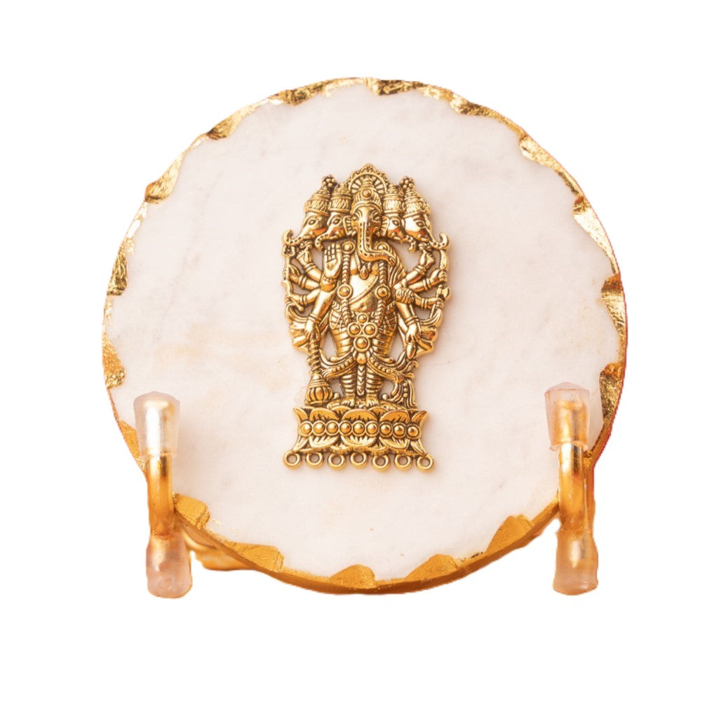 Marble Gold Leafing Ganesha Showpiece With Metal Stand- White