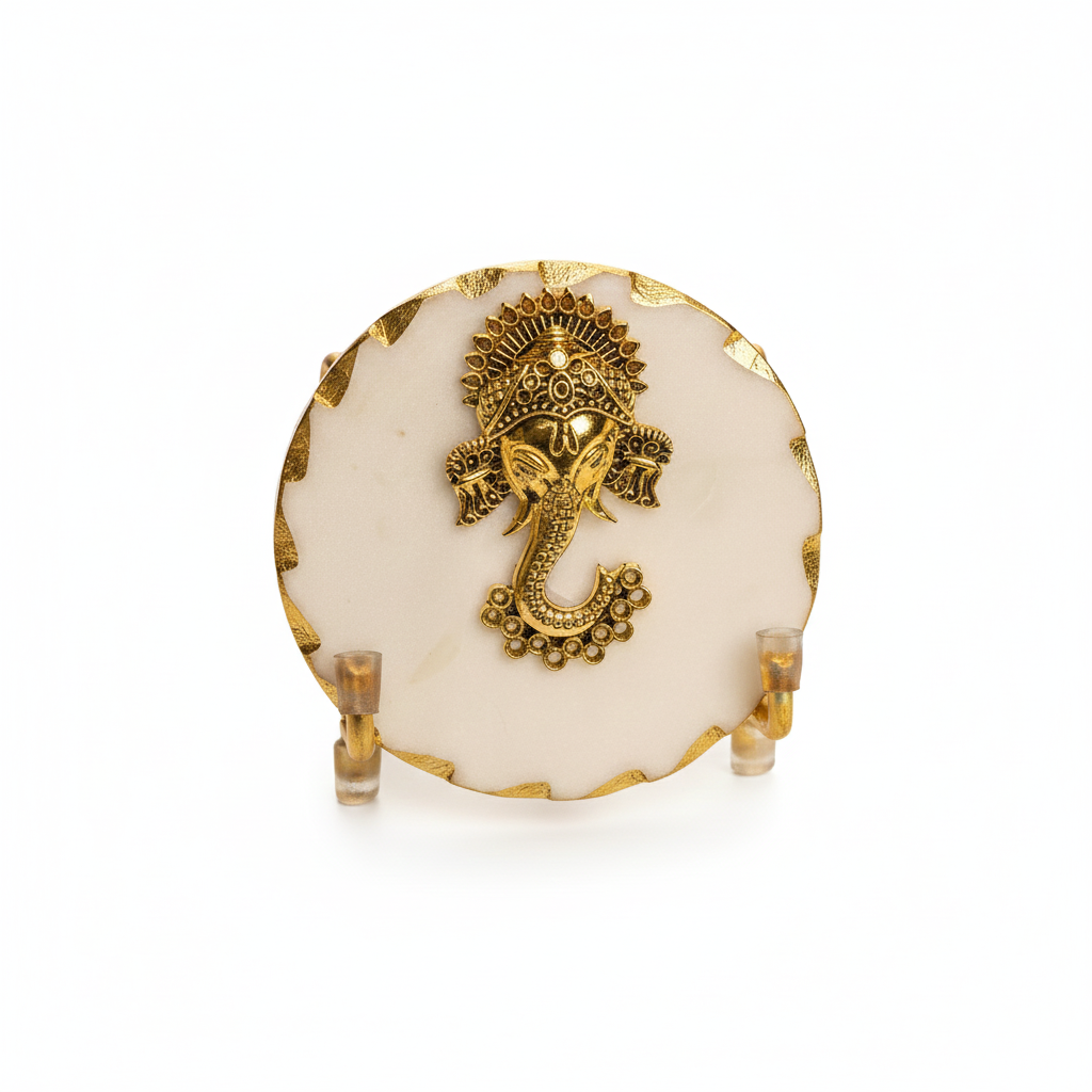 Marble Ganesha Gold Leafing Edge Showpiece With Metal Stand