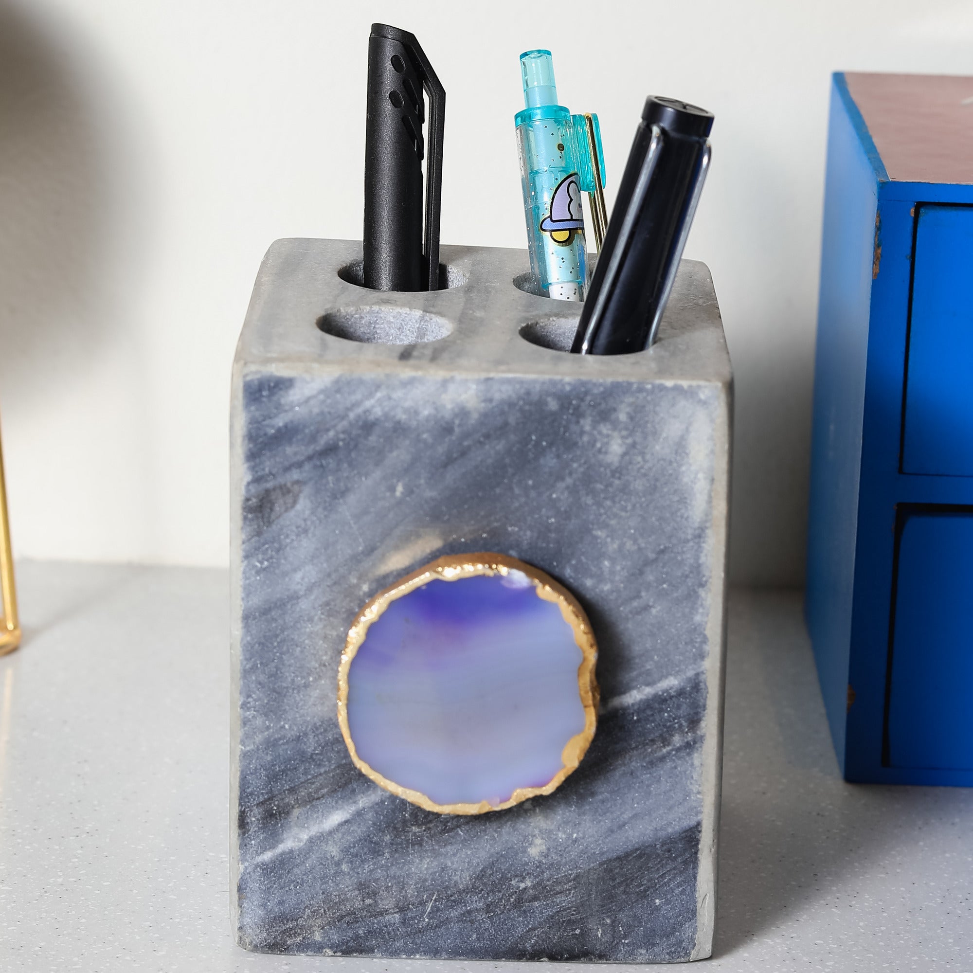 Grey Marble with Agate Pen stand- Blue