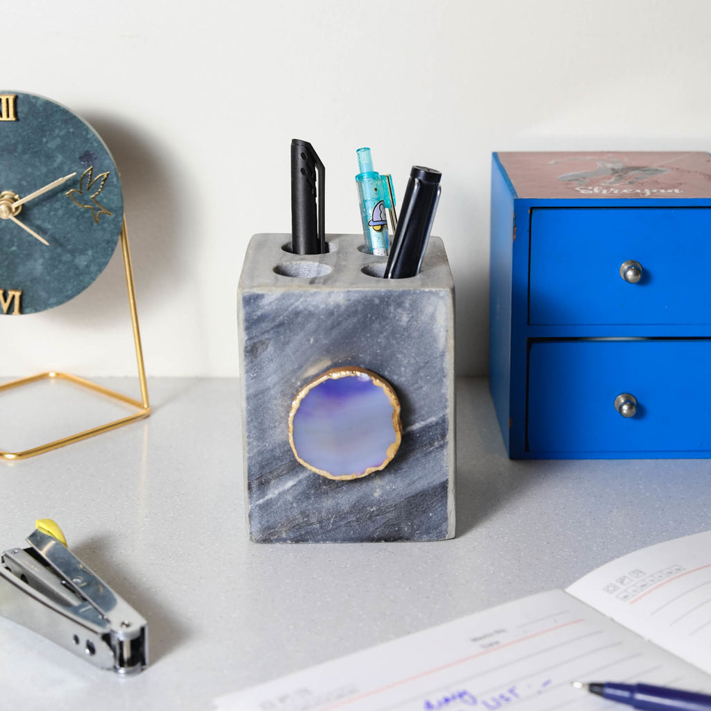 Grey Marble with Agate Pen stand- Blue