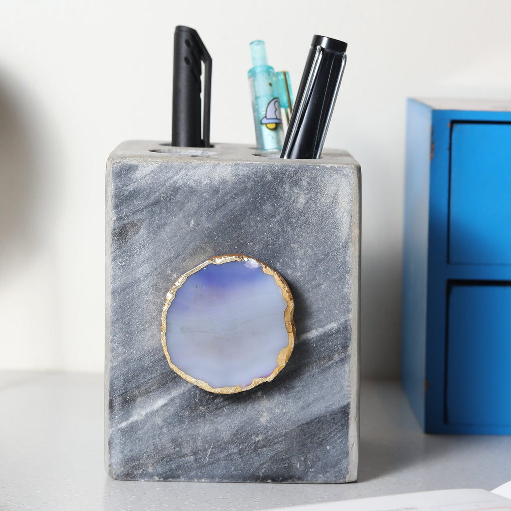 Grey Marble with Agate Pen stand- Blue