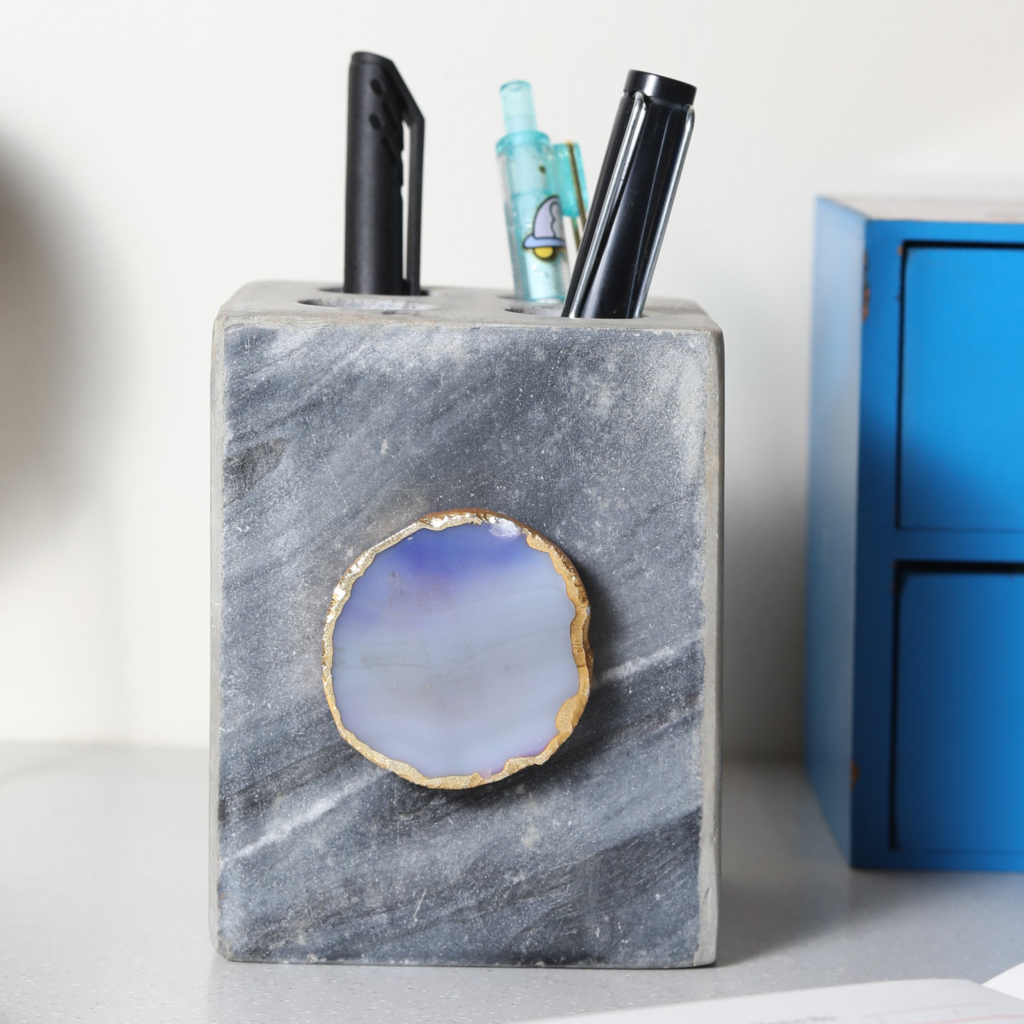 Grey Marble with Agate Pen stand- Blue