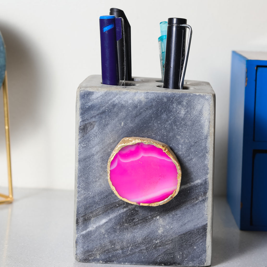 Grey Marble with Agate Pen stand- Pink