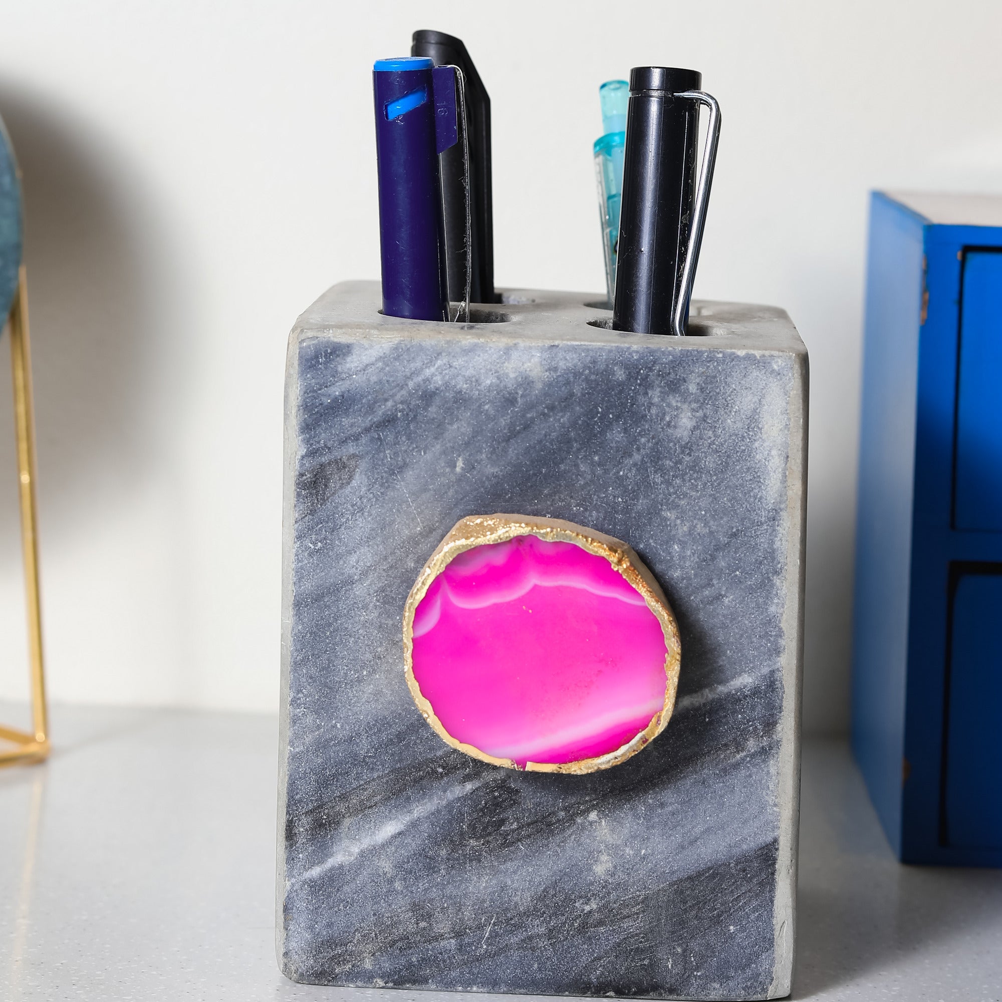 Grey Marble with Agate Pen stand- Pink