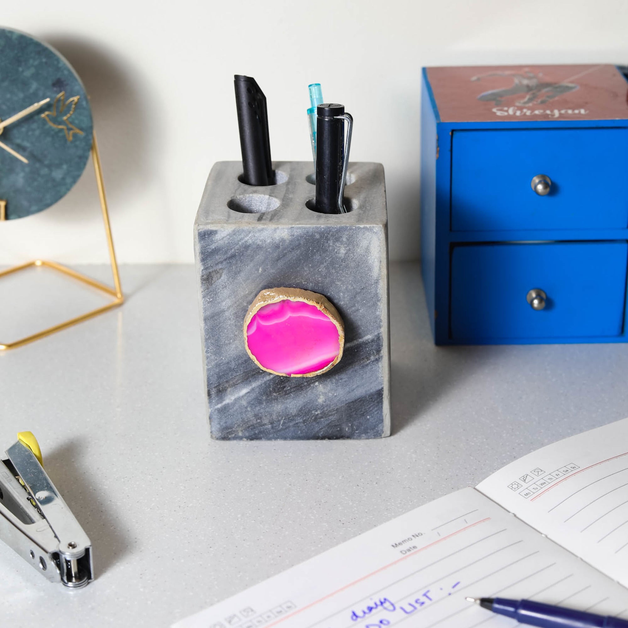 Grey Marble with Agate Pen stand- Pink