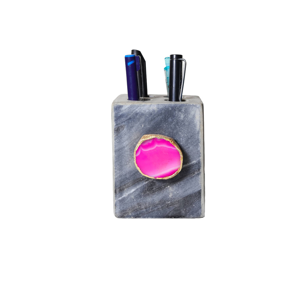 Grey Marble with Agate Pen stand- Pink