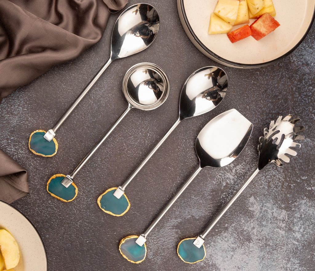 Agate with Silver Metal Cake Server set of 5- Green