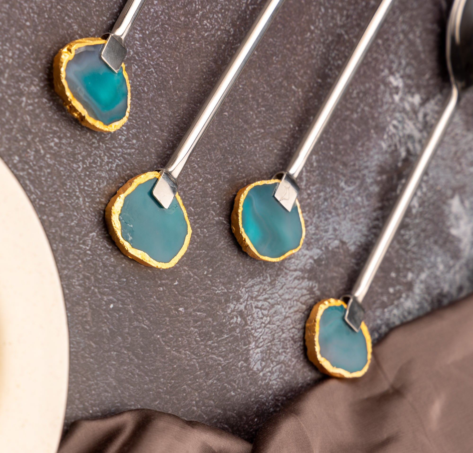 Agate with Silver Metal Cake Server set of 5- Green