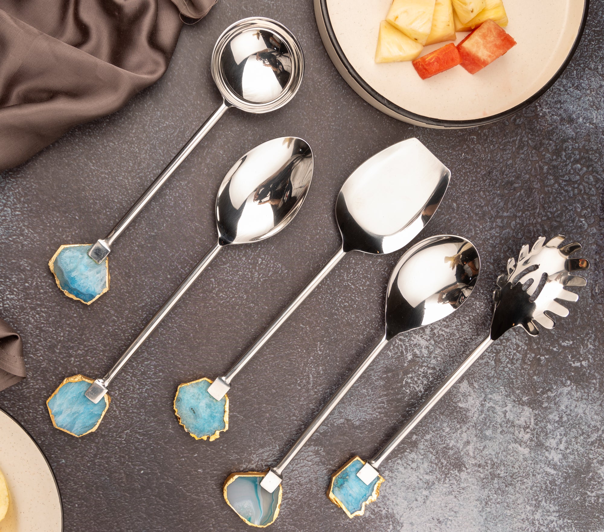 Agate with Silver Metal Cake Server set of 5- Turquoise