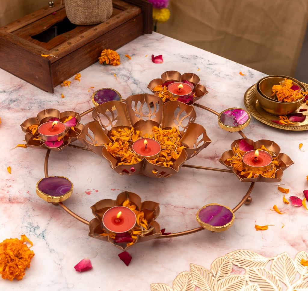 Lotus Design Metal Urli Bowl with Agate- Pink