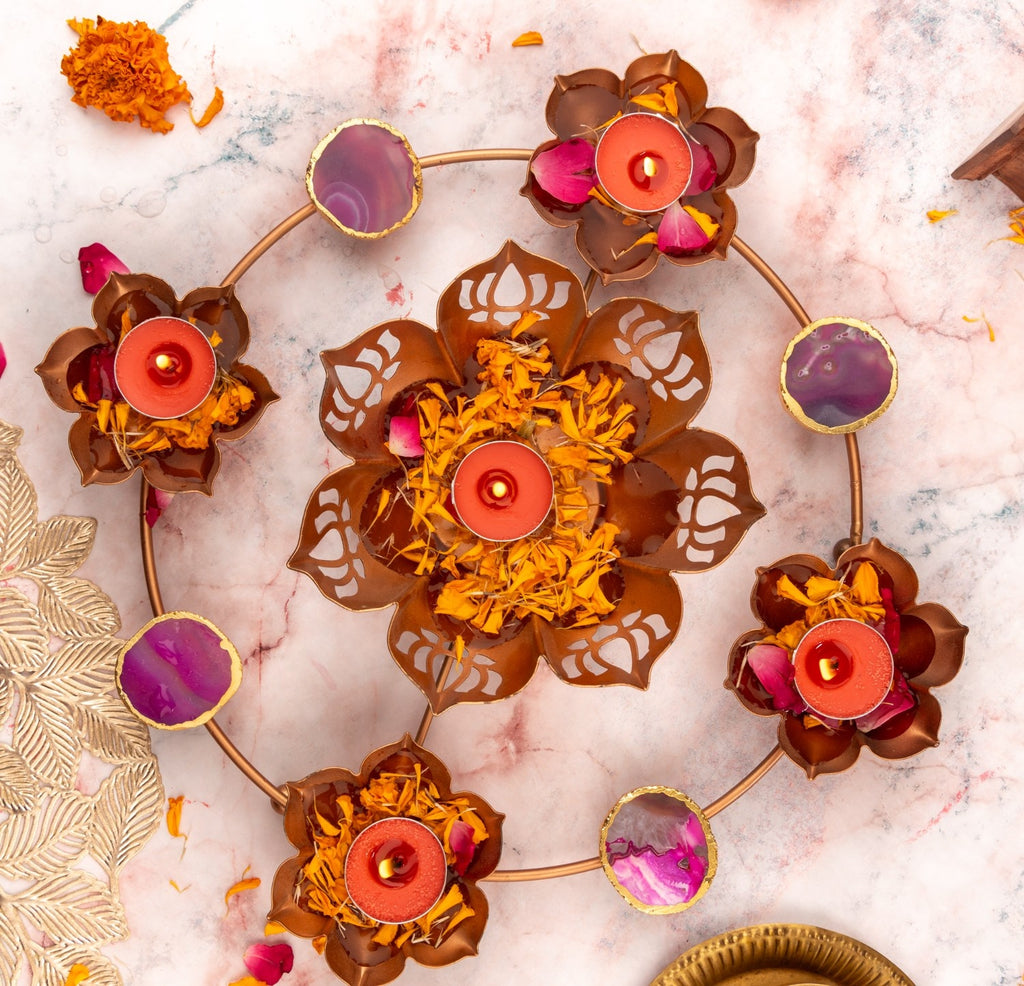 Lotus Design Metal Urli Bowl with Agate- Pink