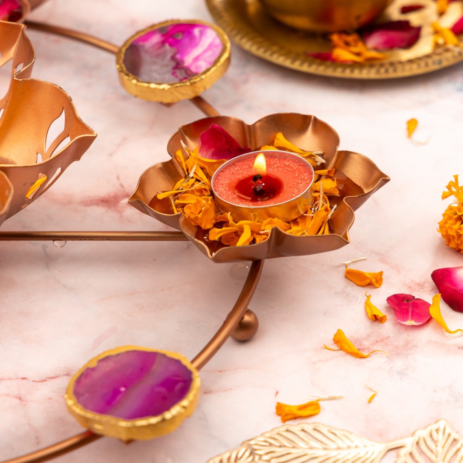 Lotus Design Metal Urli Bowl with Agate- Pink