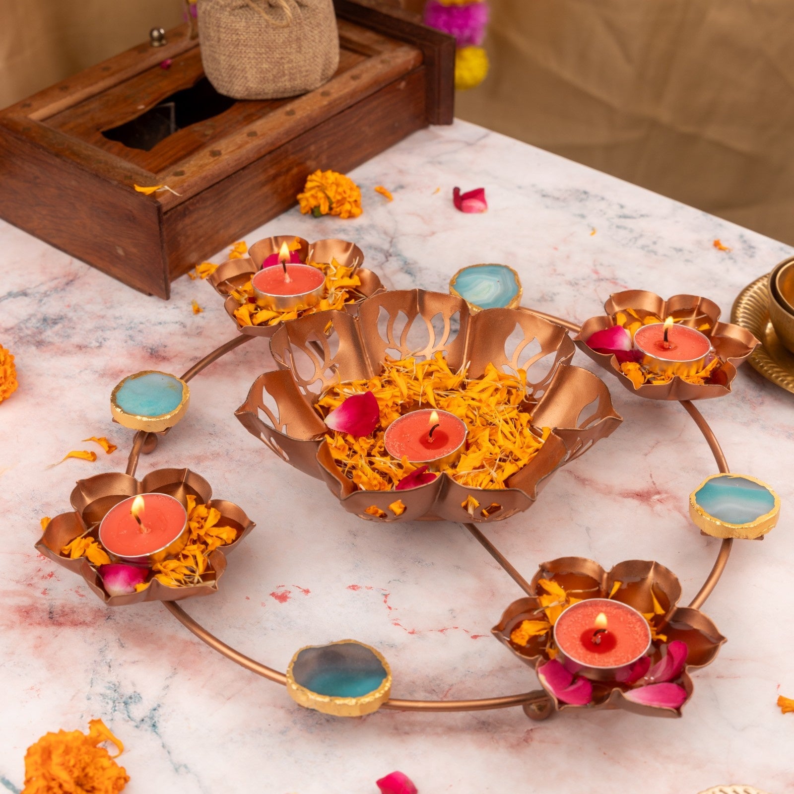 Lotus Design Metal Urli Bowl with Agate- Turquoise