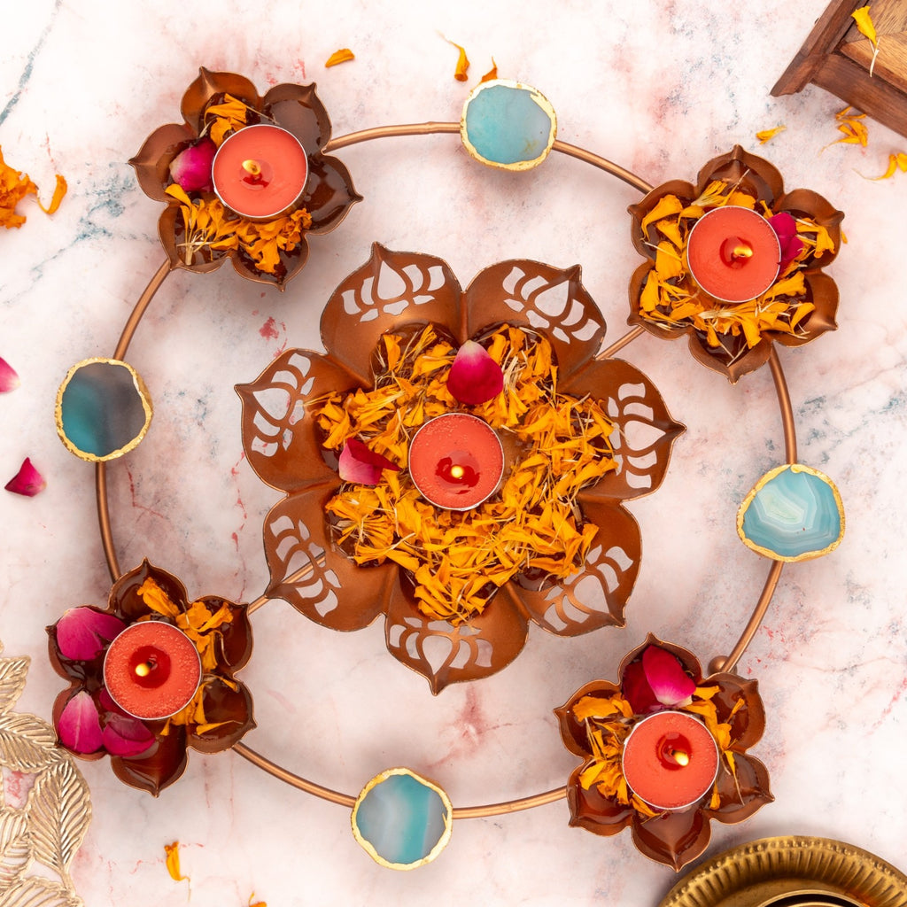 Lotus Design Metal Urli Bowl with Agate- Turquoise