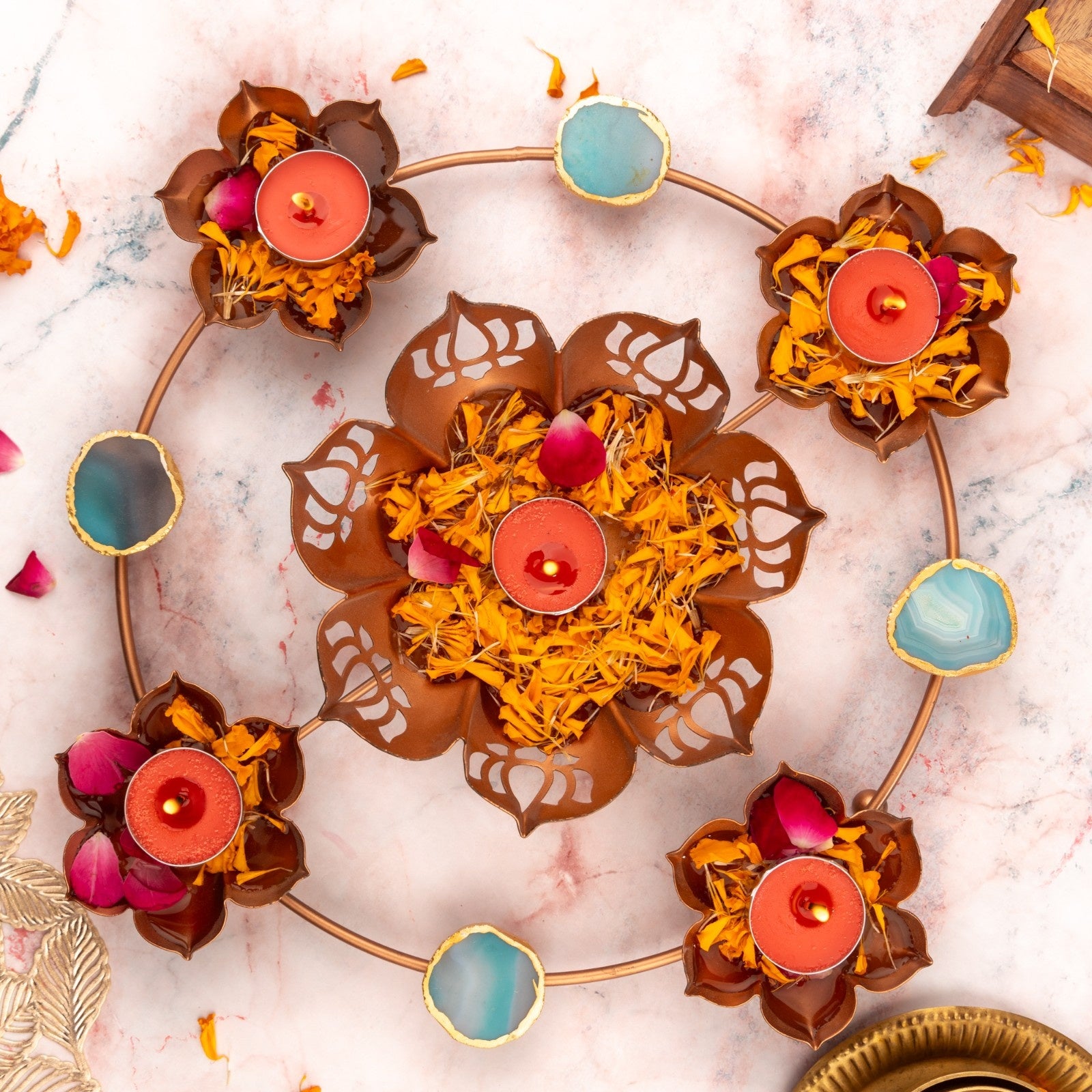 Lotus Design Metal Urli Bowl with Agate- Turquoise