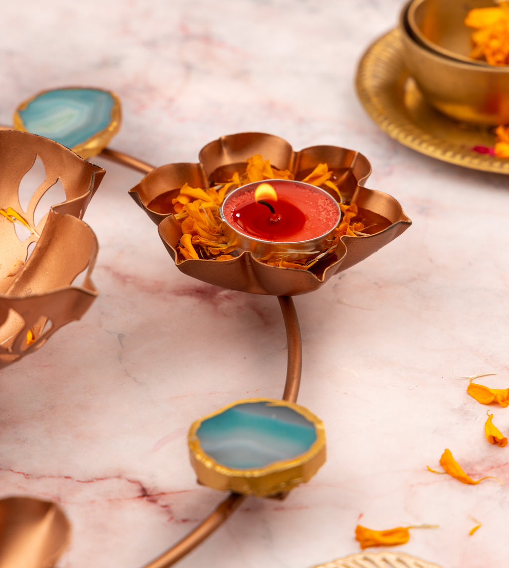 Lotus Design Metal Urli Bowl with Agate- Turquoise