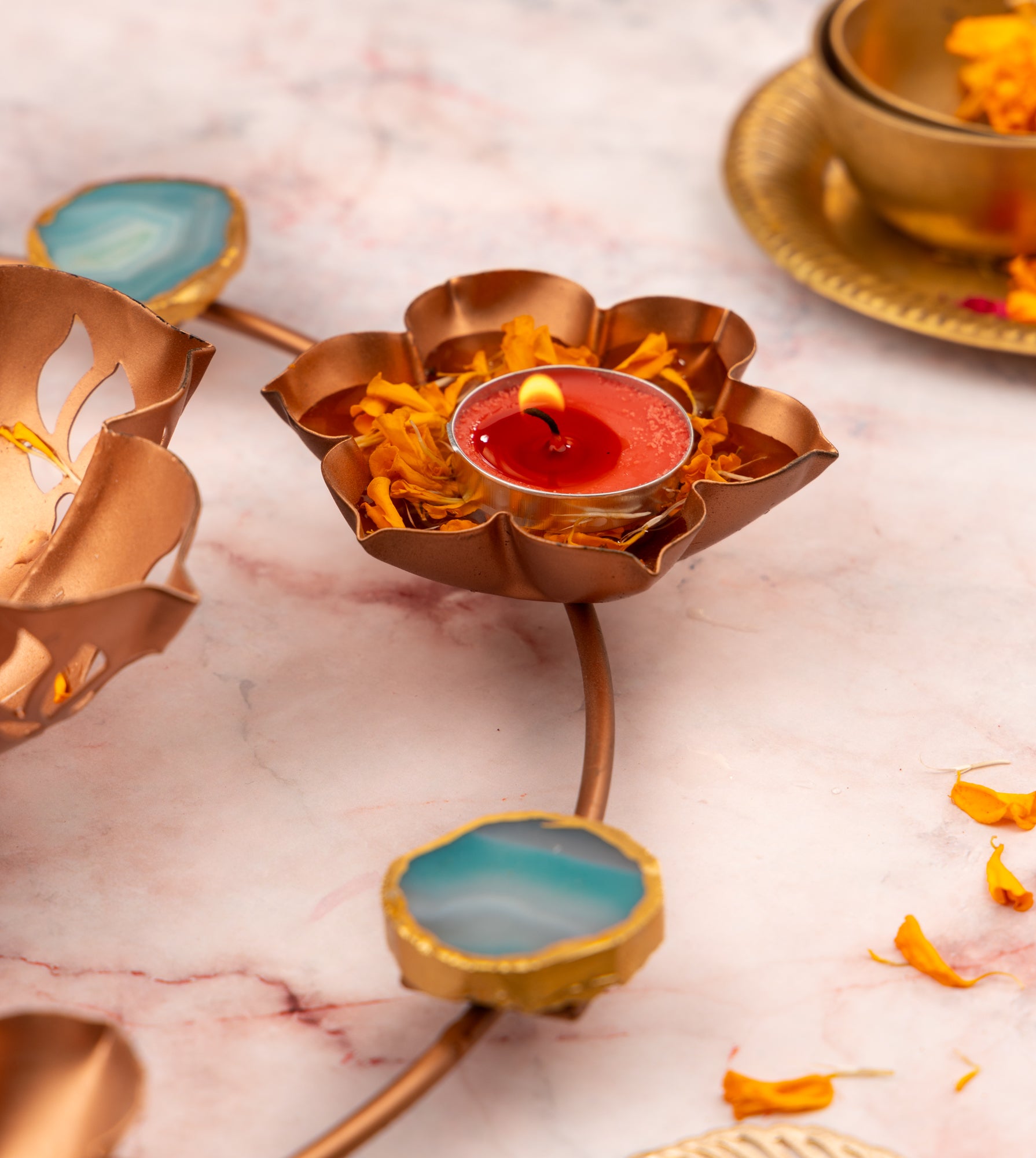 Lotus Design Metal Urli Bowl with Agate- Turquoise