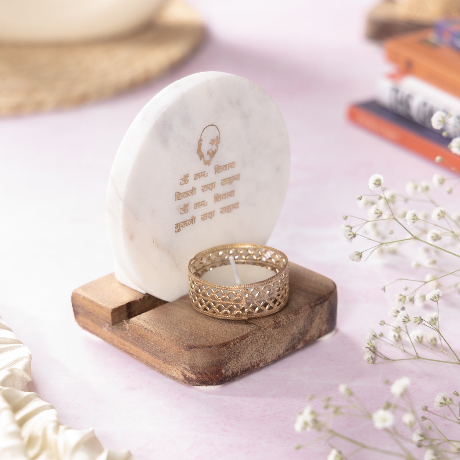 Guru Ji Mantra Marble Tealight Wooden