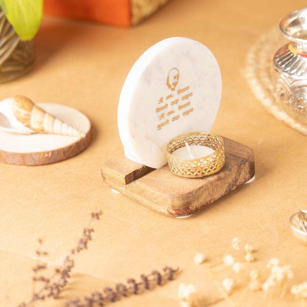 Guru Ji Mantra Marble Tealight Wooden