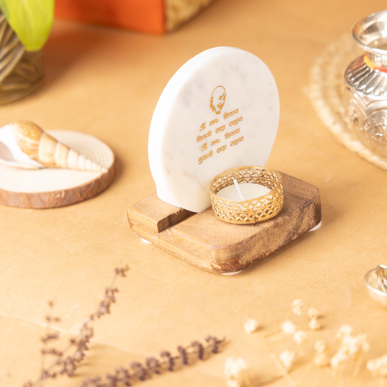 Guru Ji Mantra Marble Tealight Wooden