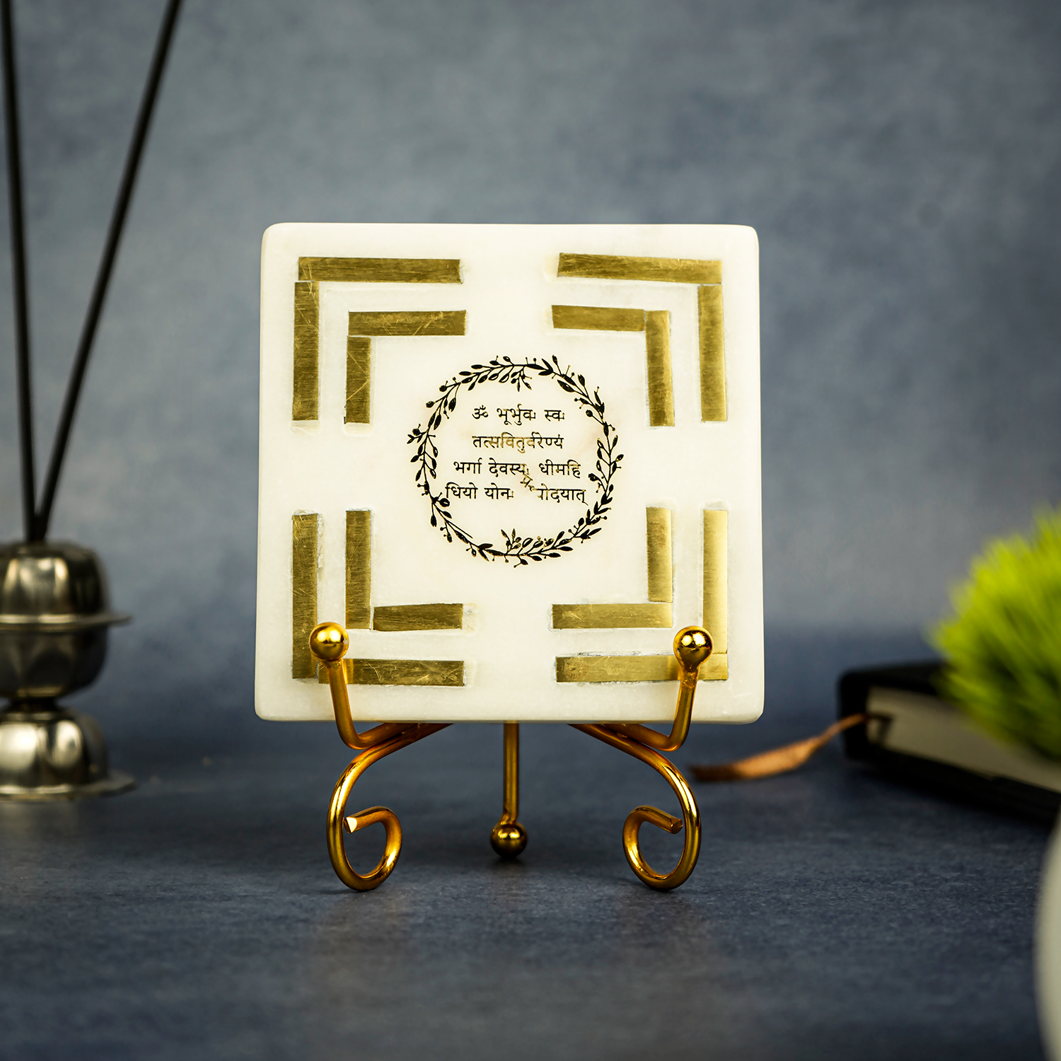Gayatri Mantra Square shape Marble with Brass Inlay Metal Stand Showpiece