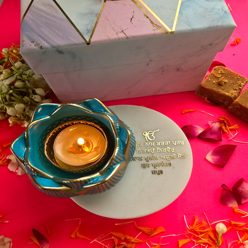 White Marble IK ONKAR Choki And Polyresin Tea Light Holder