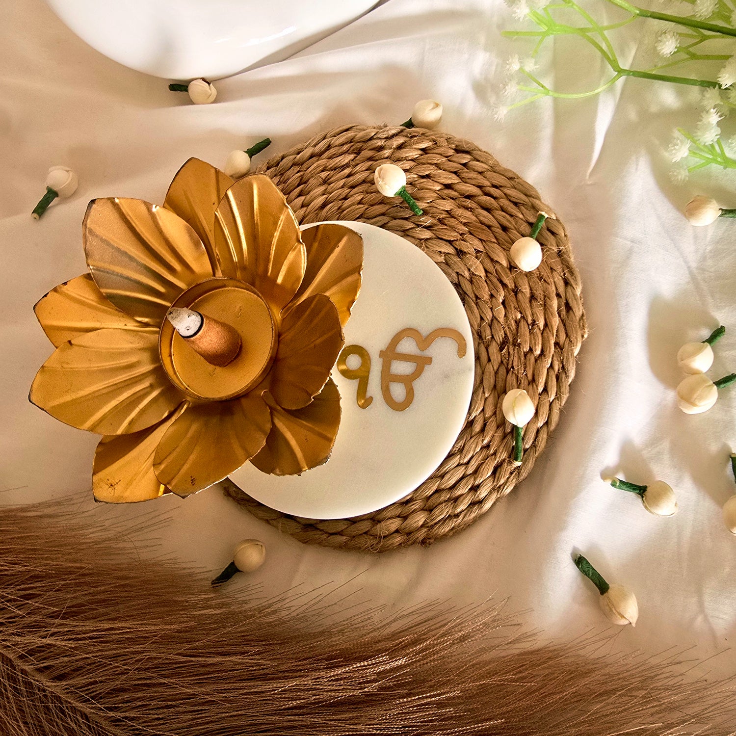 Marble Ik Onkar Flower Shape Tealight Holder