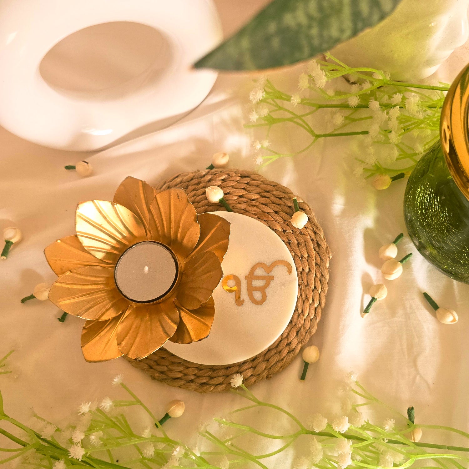 Marble Ik Onkar Flower Shape Tealight Holder