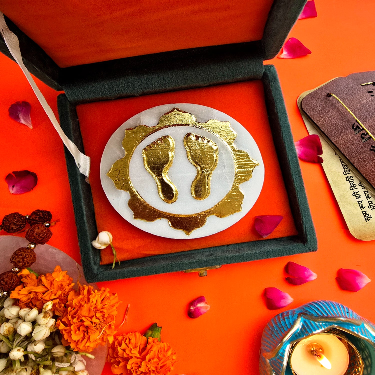 Marble Round Floral Gold Plating Laxmi Charan