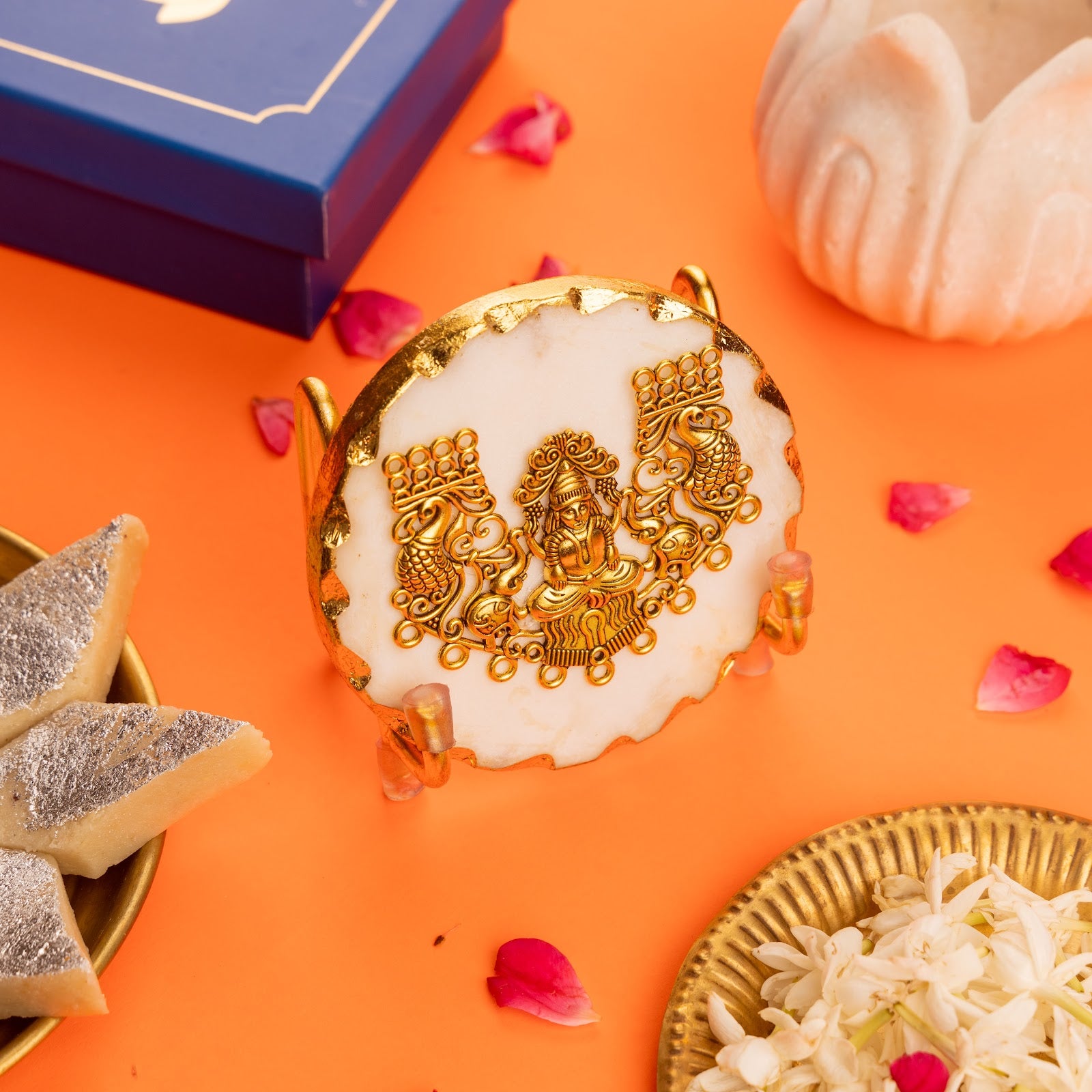 Marble Laxmi Gold Leafing Edge Showpiece With Metal Stand