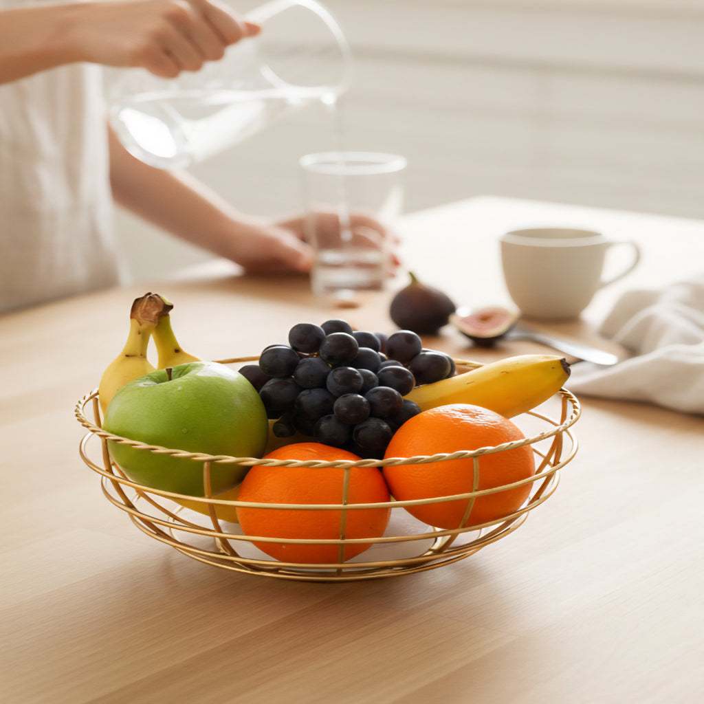Gold Plated Metal Fruit Basket with White Marble Base