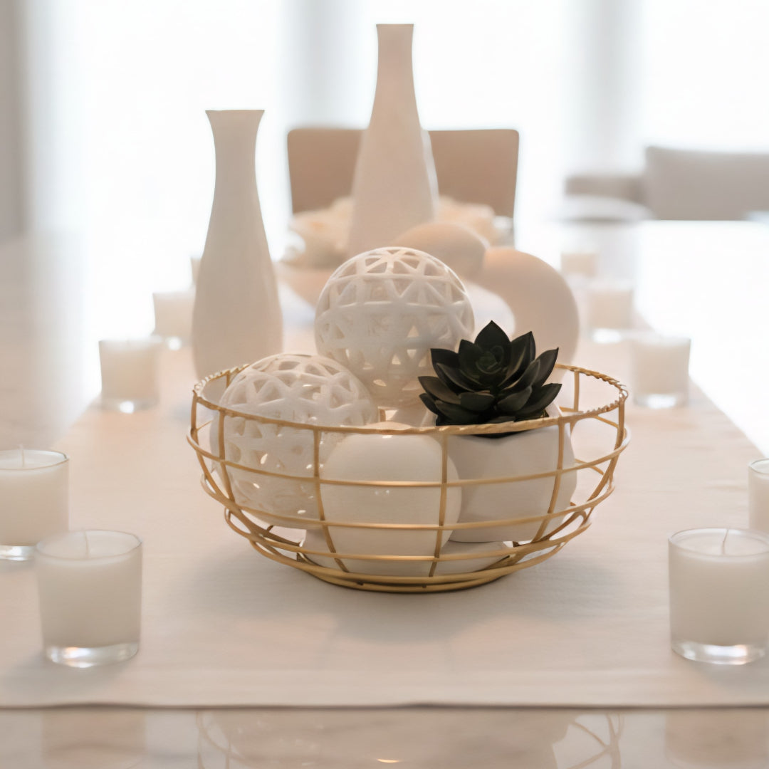 Gold Plated Metal Fruit Basket with White Marble Base