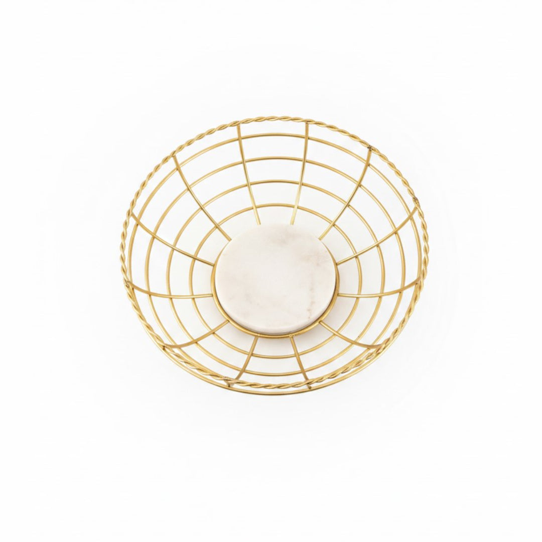 Gold Plated Metal Fruit Basket with White Marble Base