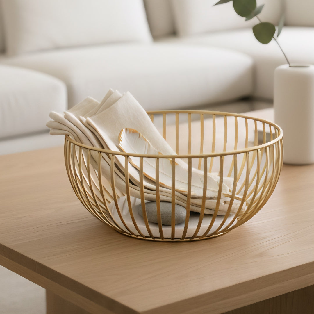 Gold Plated Metal Fruit and Casual Basket with White Marble Base