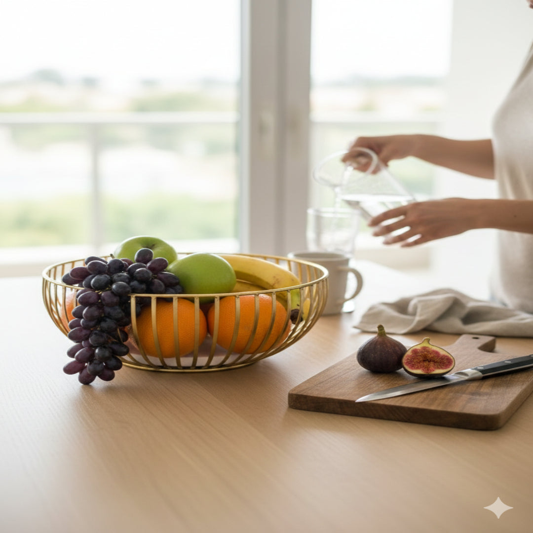 Gold Plated Metal Fruit and Casual Basket with White Marble Base